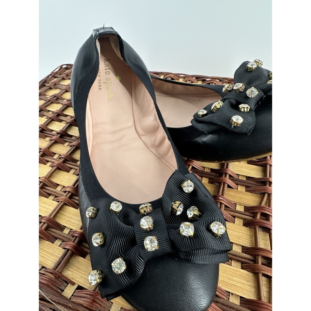 Kate Spade New York Black Almond Toe Beaded Bow Ballet Flats Women's US 7.5 EUC
